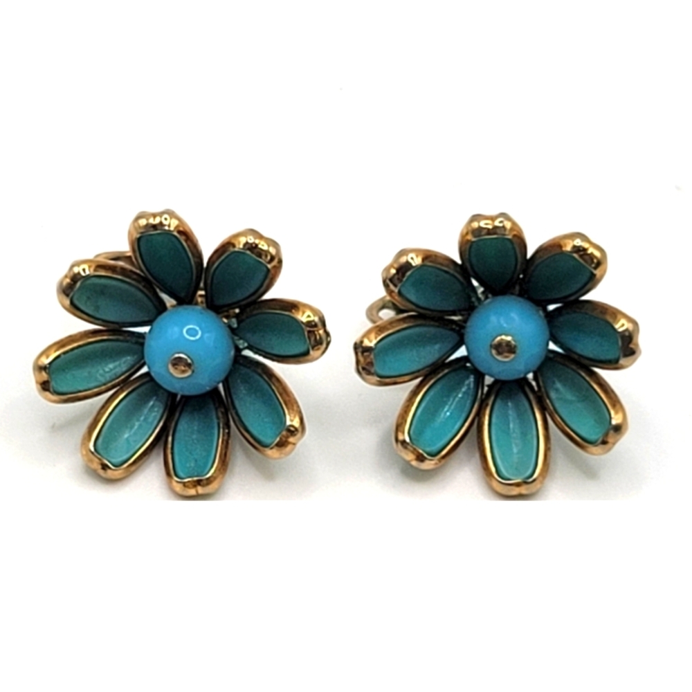 VTG "Crown" Trifari Earrings | Blue Milk Glass Flowers | SIGNED | HTF